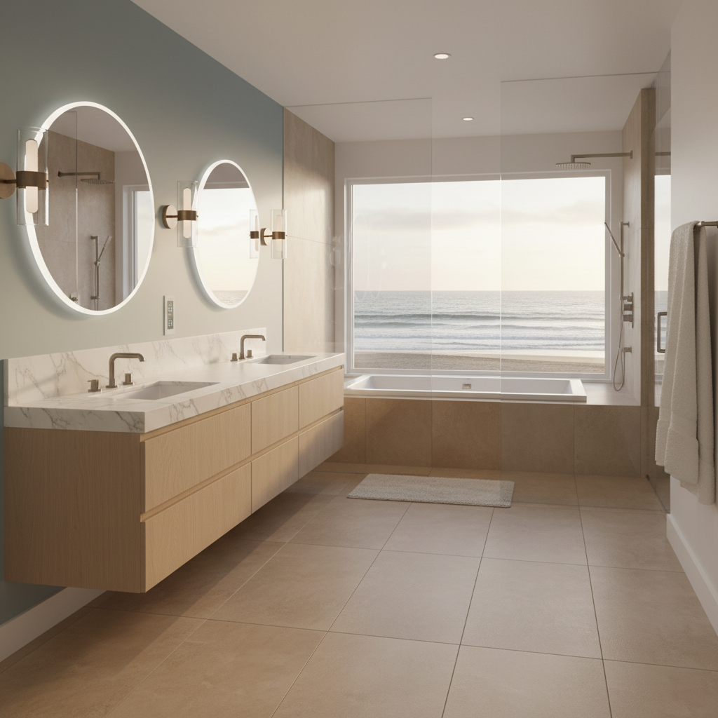 A hyper photo realistic rendering of a contemporary coastal master bath overlooking the beach with a wet room setup. Large format matte floor tiles. Floating vanity in light ash wood with a white Carrara marble countertop featuring automatic hand sensors. Two backlit mirrors with coastal side sconces above the vanity. Built-in jacuzzi soaker tub. Walls are a light blue-green color. Only the countertop is updated to white Carrara; all other details remain the same as previous renderings.