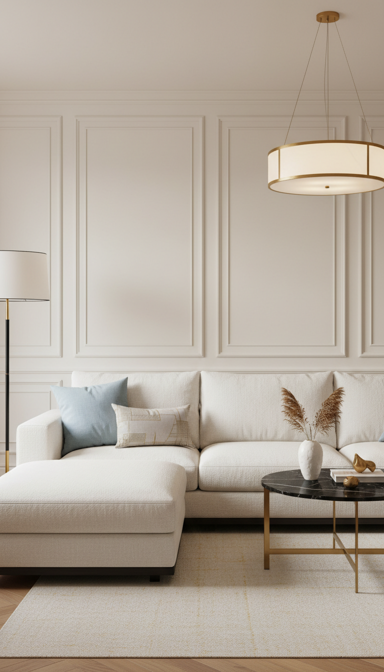 A West Elm inspired couch with wainscotted walls as the background, no art on the wall. Alabaster, black, gold accents, hints of light blue, and no grey.
