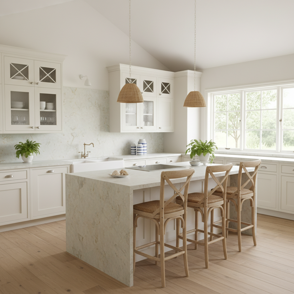 kitchen interior with cabinetry extending to the ceiling, a row of cabinets with seeded glass fronts, less contemporary cabinet styles, a quartz countertop and matching backsplash, and light-toned wood bar stools. The space is bright and coastal in style.