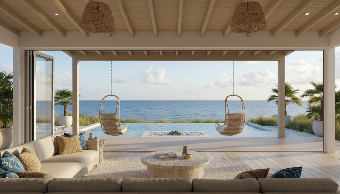 open air living room with coastal modern vibes and a nanawall