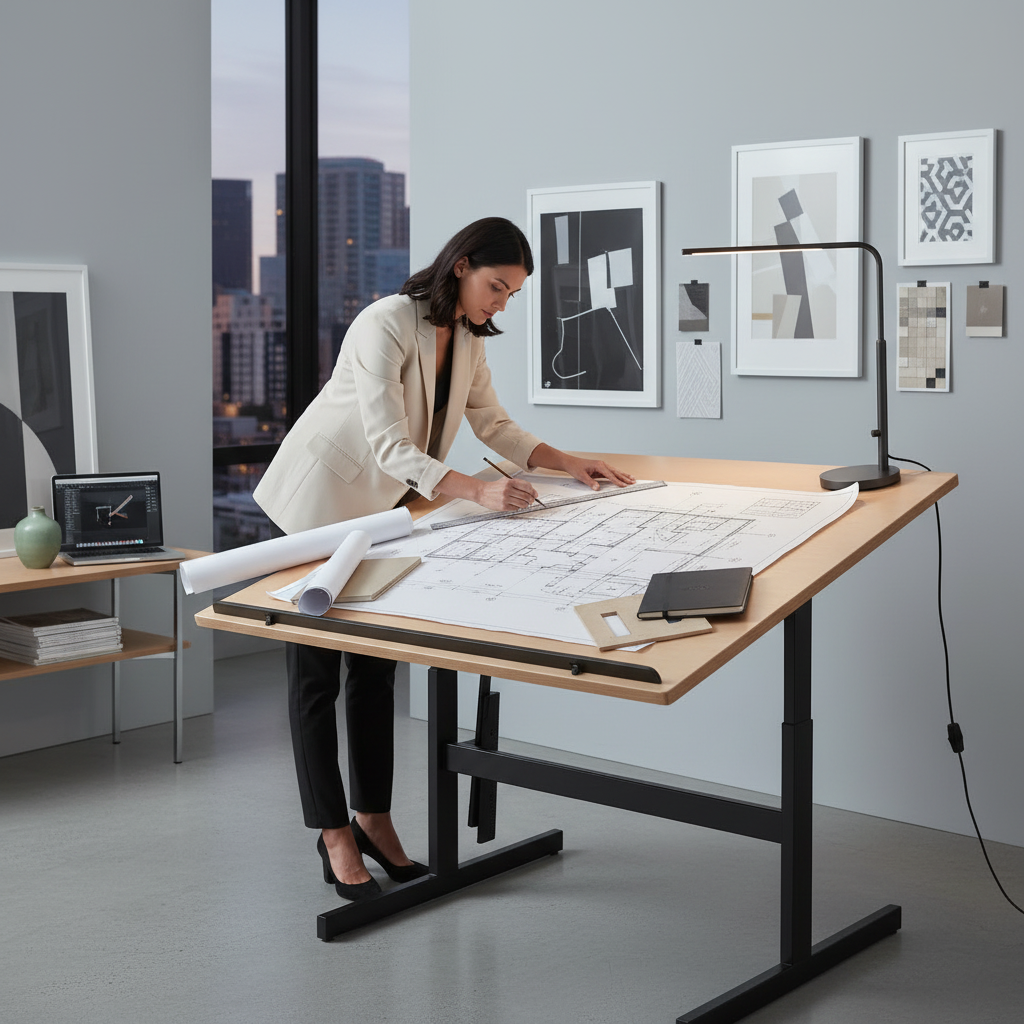 A professional woman working on a drafting table or drafting a design, in a stylish modern environment