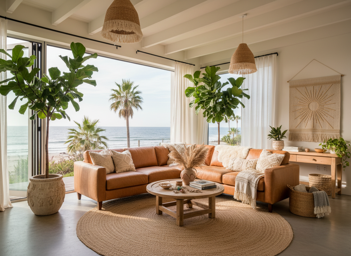 A warm, serene coastal interior living room with NanaWalls, fiddle leaf figs, boho chic touches, and a West Elm leather couch