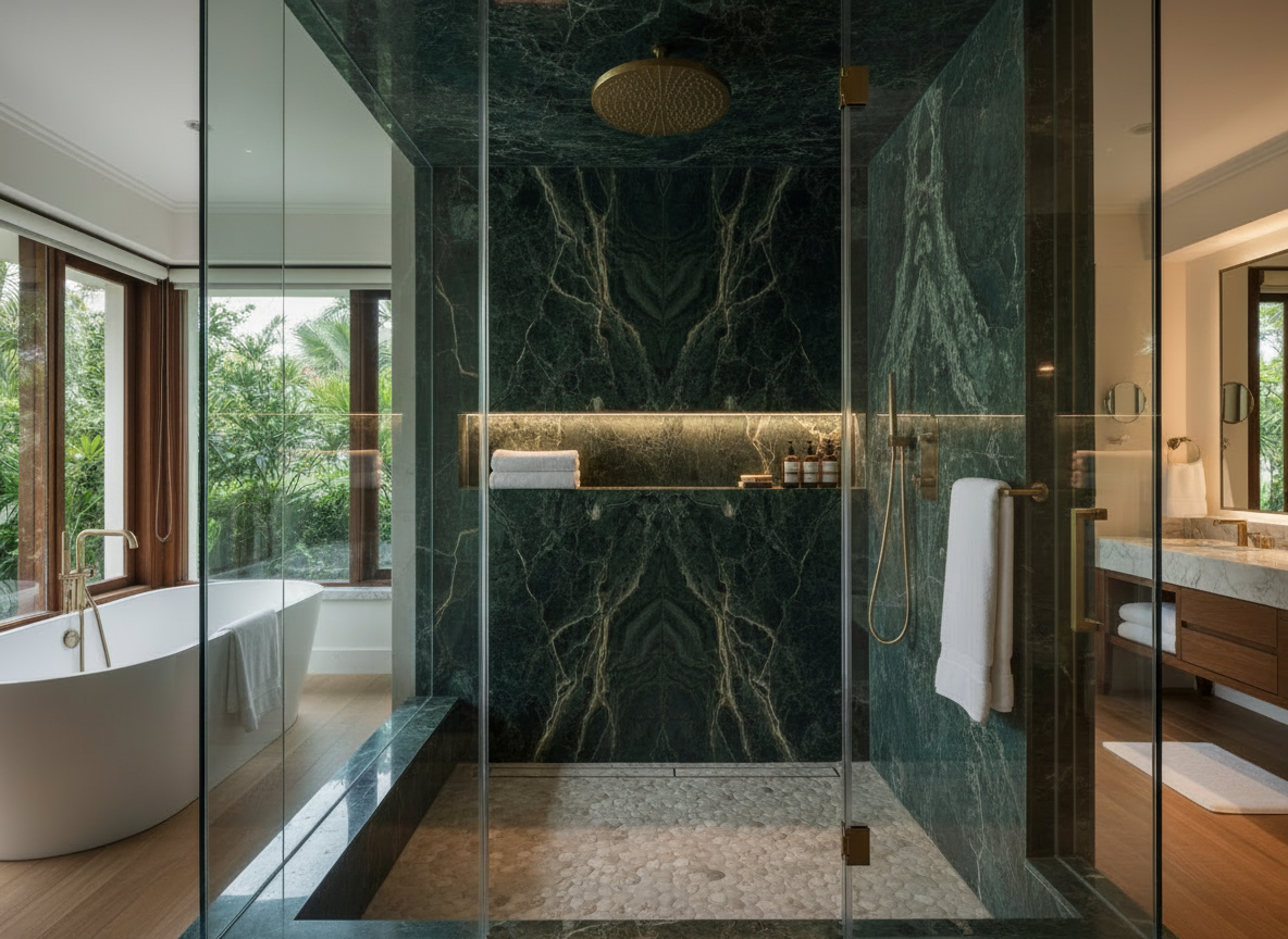 A luxurious walk-in shower with a single glass panel on one side and the other three walls made entirely of rich, veined onyx stone. The design features a modern rain shower head and minimal hardware, with warm ambient lighting enhancing the depth and texture of the onyx. The floor is a seamless, slip-resistant stone in a complementary neutral tone. The overall feel is high-end, spa-like, and contemporary, matching the style of an upscale interior design portfolio image.