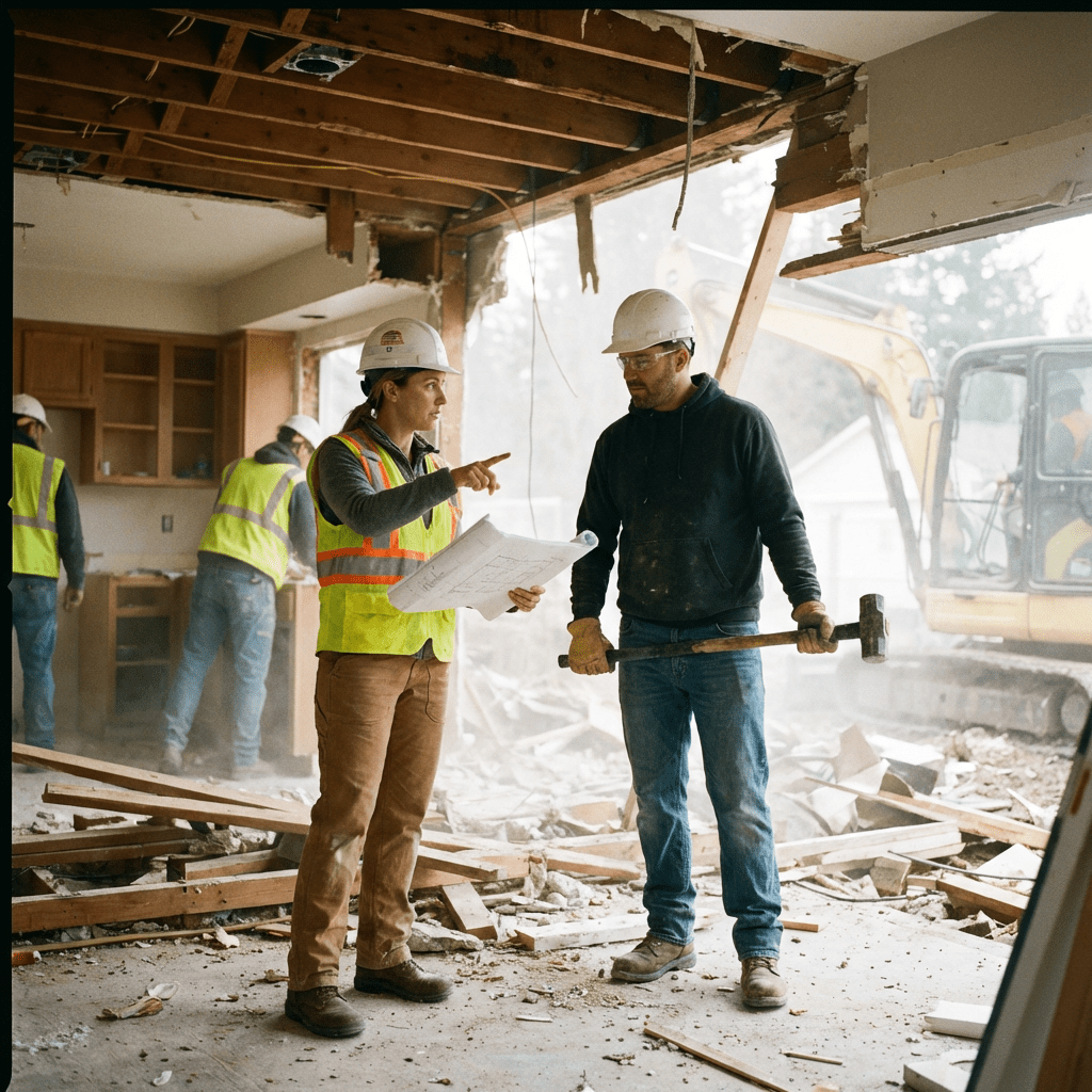 Construction workers in safety gear review blueprints inside a partially demolished building.